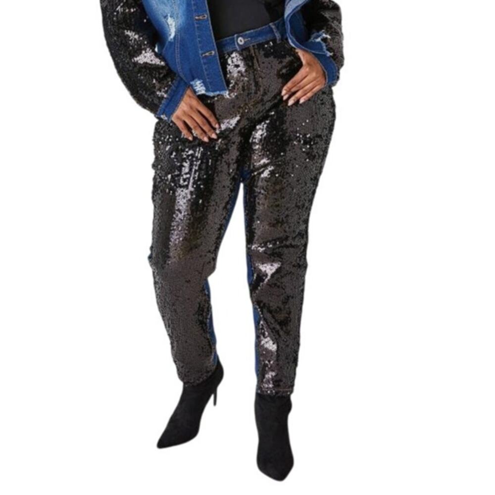 ASHLEY STUART Women's Sequined Mid Rise Skinny Jeans Size 14 In Denim